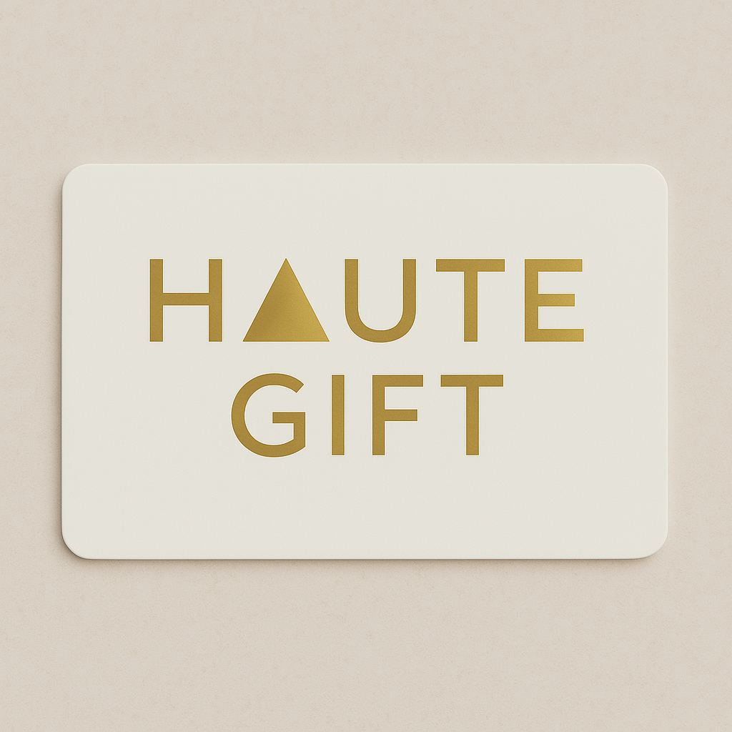 White card with 'HAUTE GIFT' text in gold on a beige background