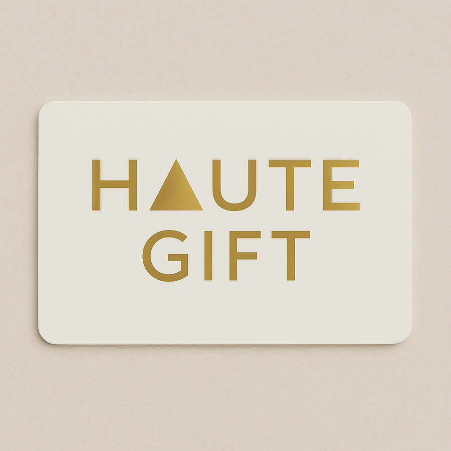 White card with 'HAUTE GIFT' text in gold on a beige background